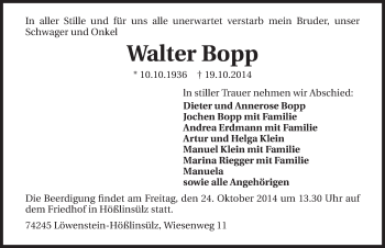 Traueranzeige von Walter Bopp 