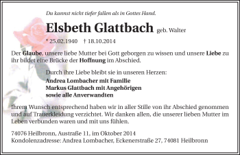 Traueranzeige von Elsbeth Glattbach 