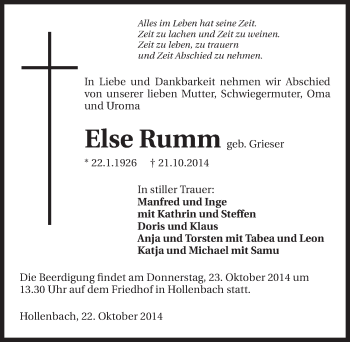 Traueranzeige von Else Rumm 