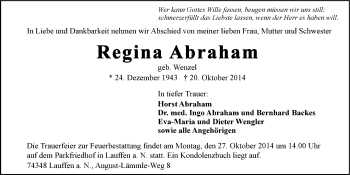 Traueranzeige von Regina Abraham 