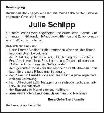 Traueranzeige von Julie Schlipp 