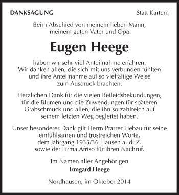 Traueranzeige von Eugen Heege 