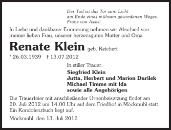 Traueranzeige von Renate Klein 
