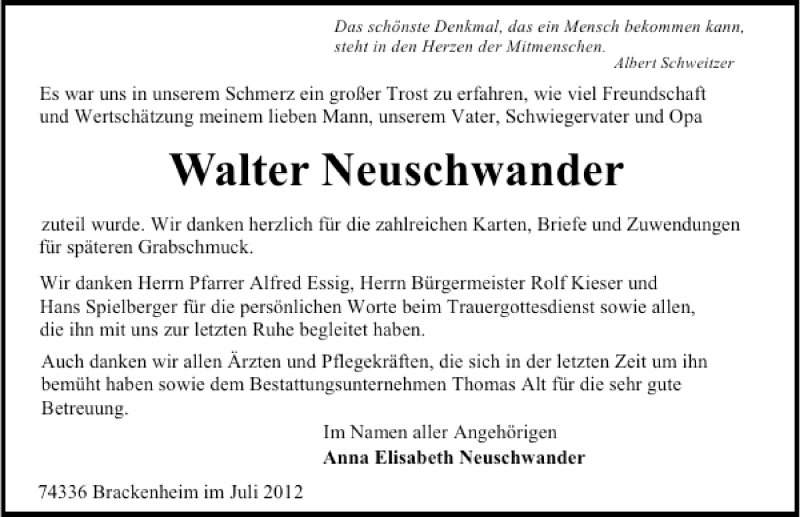  Traueranzeige für Walter Neuschwander vom 17.07.2012 aus 