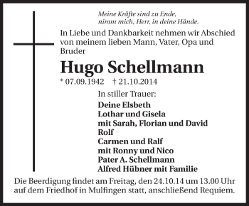 Traueranzeige von Hugo Schellmann 