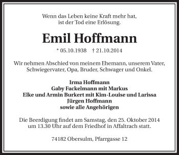 Traueranzeige von Emil Hofmann 
