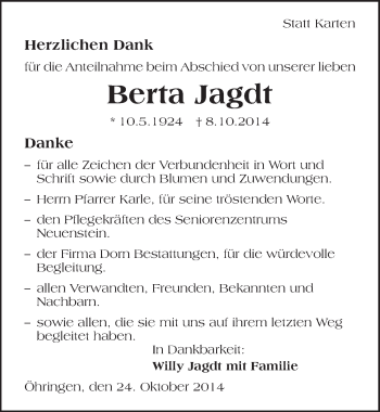 Traueranzeige von Berta Jagdt 