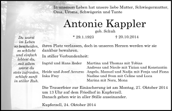 Traueranzeige von Antonie Kappler 