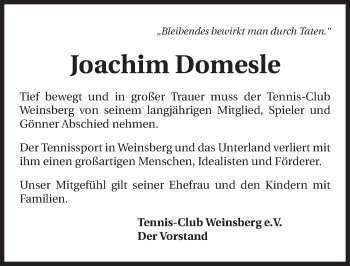 Traueranzeige von Joachim Domesle 