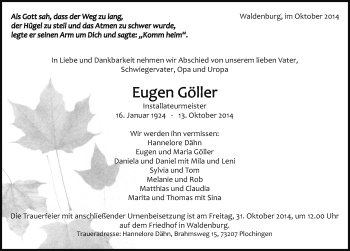 Traueranzeige von Eugen Göller 