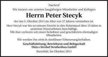 Traueranzeige von Peter Stecyk 