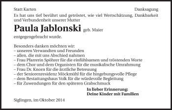Traueranzeige von Paula Jablonski 
