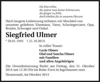 Traueranzeige von Siegfried Ulmer 