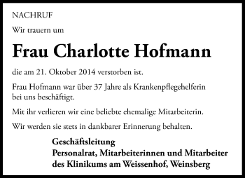 Traueranzeige von Charlotte Hofmann 
