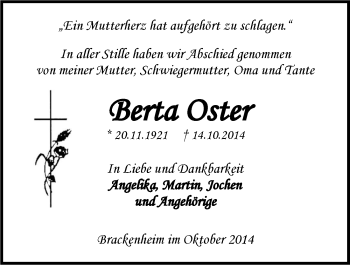 Traueranzeige von Berta Oster 