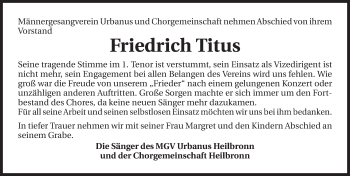 Traueranzeige von Friedrich Titus 