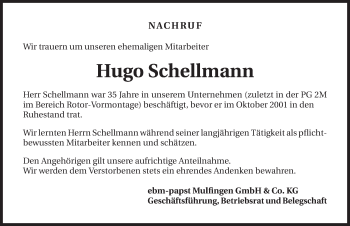Traueranzeige von Hugo Schellmann 