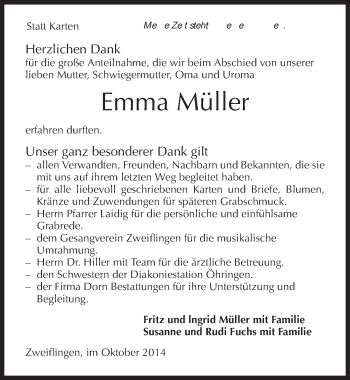 Traueranzeige von Emma Müller 