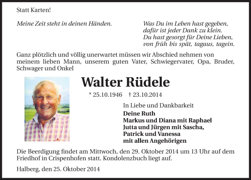  Traueranzeige für Walter Rüdele vom 25.10.2014 aus 