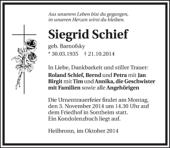 Traueranzeige von Siegrid Schief 