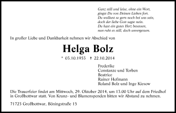 Traueranzeige von Helga Bolz 