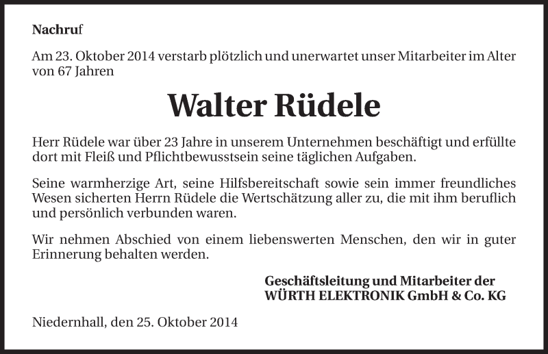 Traueranzeige für Walter Rüdele vom 25.10.2014 aus 