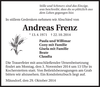 Traueranzeige von Andreas Frenz 
