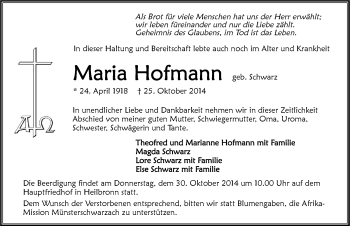 Traueranzeige von Maria Hofmann 