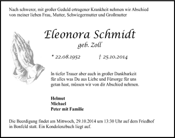 Traueranzeige von Eleonora Schmidt 
