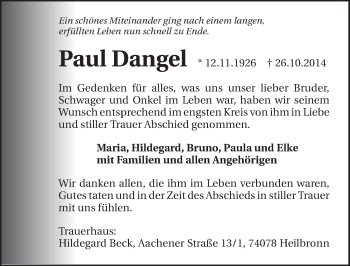 Traueranzeige von Paul Dangel 