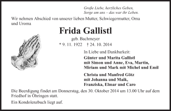 Traueranzeige von Frida Gallistl 