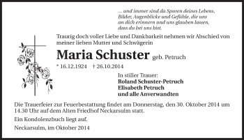 Traueranzeige von Maria Schuster 