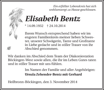 Traueranzeige von Elisabeth Bentz 