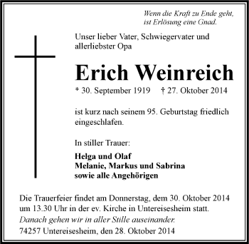 Traueranzeige von Erich Weinreich 