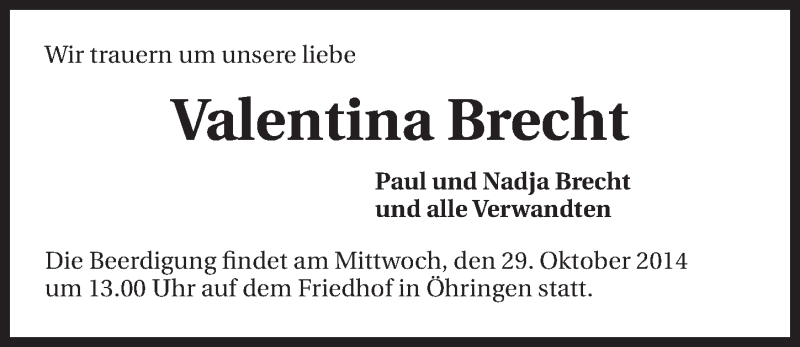  Traueranzeige für Valentina Brecht vom 28.10.2014 aus 