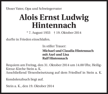 Traueranzeige von Alois Ernst Ludwig Hintennach 