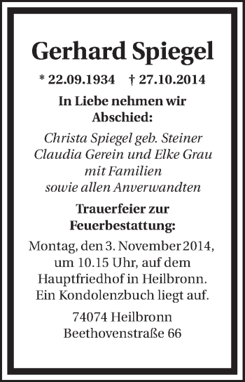 Traueranzeige von Gerhard Spiegel 