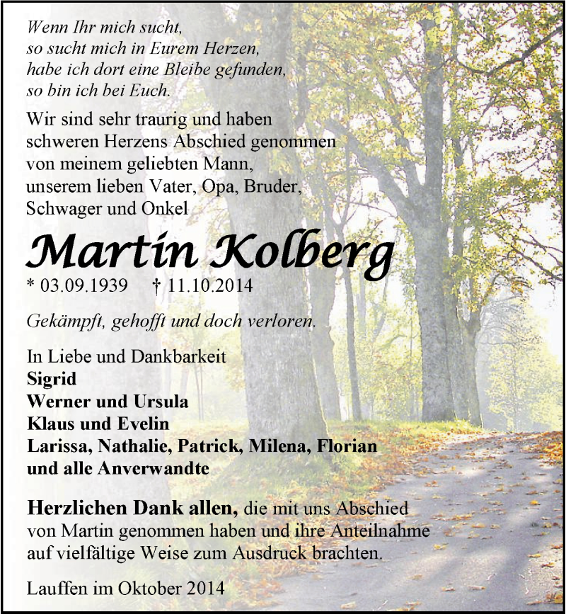  Traueranzeige für Martin Kolberg vom 31.10.2014 aus 