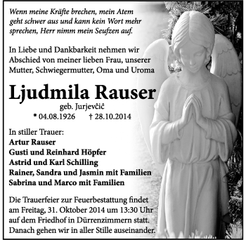 Traueranzeige von Ljudmila Rauser 