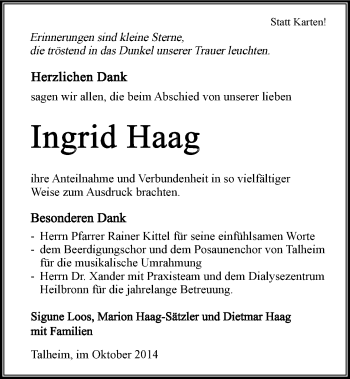 Traueranzeige von Ingrid Haag 