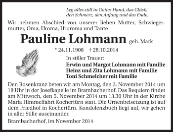 Traueranzeige von Pauline Lohmann 