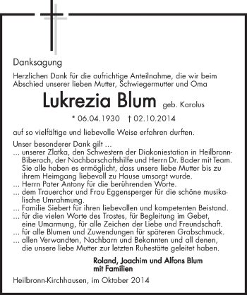 Traueranzeige von Lukrezia Blum 