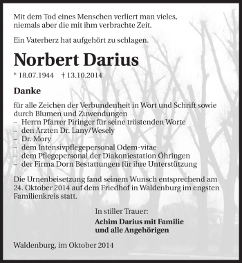 Traueranzeige von Norbert Darius 
