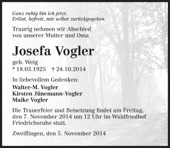 Traueranzeige von Josefa Vogler 