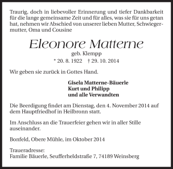 Traueranzeige von Eleonore Matterne 