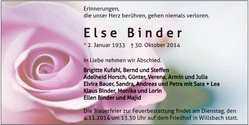  Traueranzeige für Else Binder vom 31.10.2014 aus 