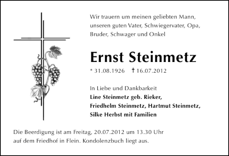 Traueranzeige für Ernst Steinmetz vom 19.07.2012 aus 