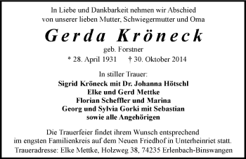 Traueranzeige von Gerda Kröneck 