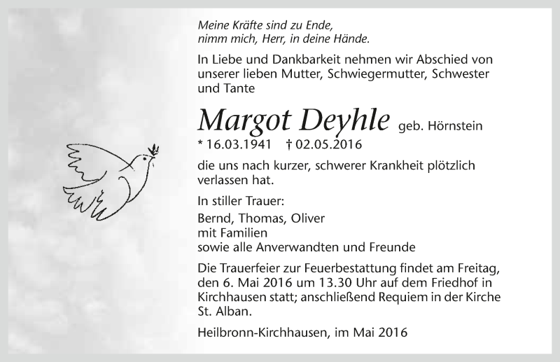  Traueranzeige für Margot Deyhle vom 04.05.2016 aus 