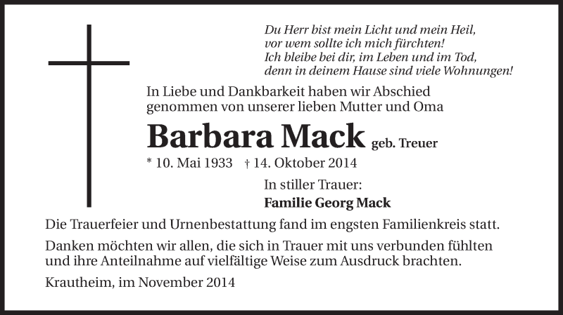  Traueranzeige für Barbara Mack vom 05.11.2014 aus 